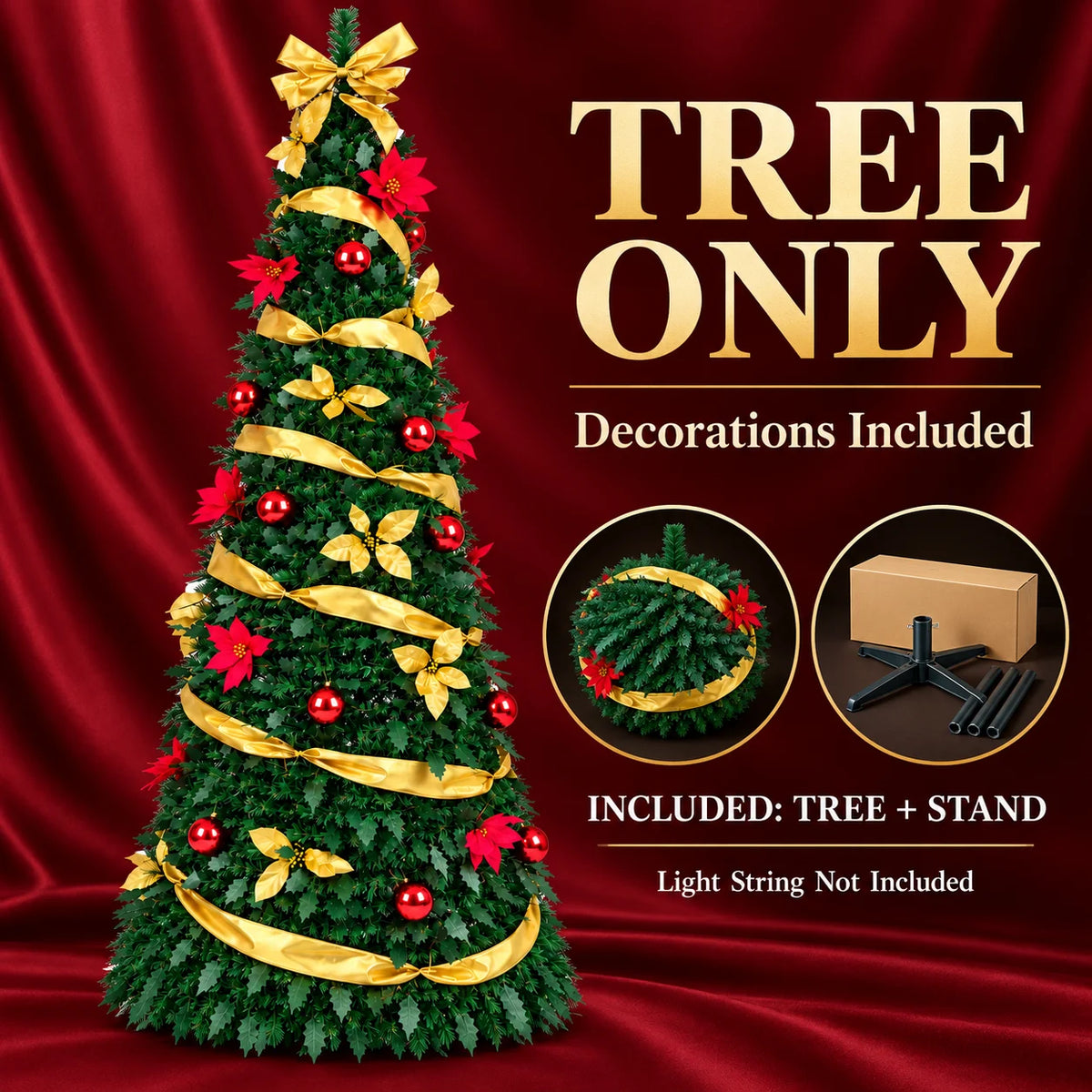 Foldable Retractable Pre‑decorated Christmas Tree with Ornaments Space Saving Storage Xmas Decoration for Indoor Holiday Gift
