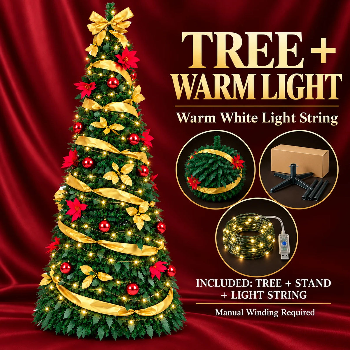 Foldable Retractable Pre‑decorated Christmas Tree with Ornaments Space Saving Storage Xmas Decoration for Indoor Holiday Gift