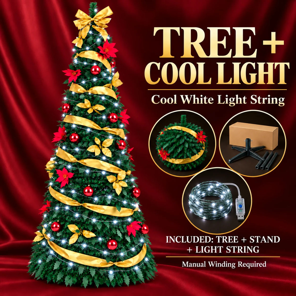 Foldable Retractable Pre‑decorated Christmas Tree with Ornaments Space Saving Storage Xmas Decoration for Indoor Holiday Gift