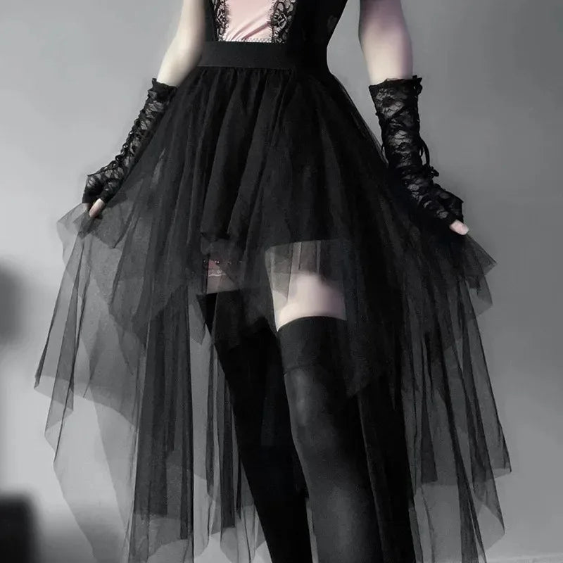 Women's High-Waist Irregular Net Skirt – Gothic Style