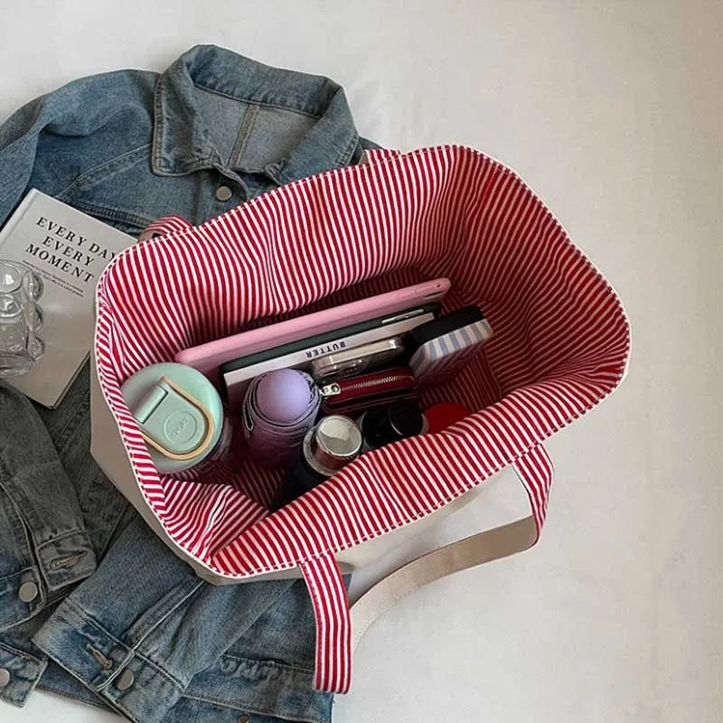 Casual Large Stripe Women's Shoulder Bag 2025 New Fashion Commuter Tote Bag High Capaci Canvas Handbag for Youth bolso mujer