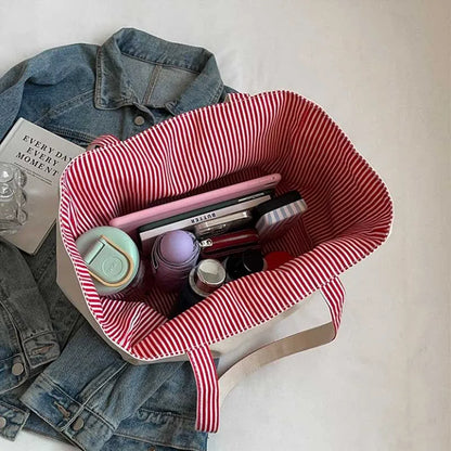 Casual Large Stripe Women's Shoulder Bag 2025 New Fashion Commuter Tote Bag High Capaci Canvas Handbag for Youth bolso mujer