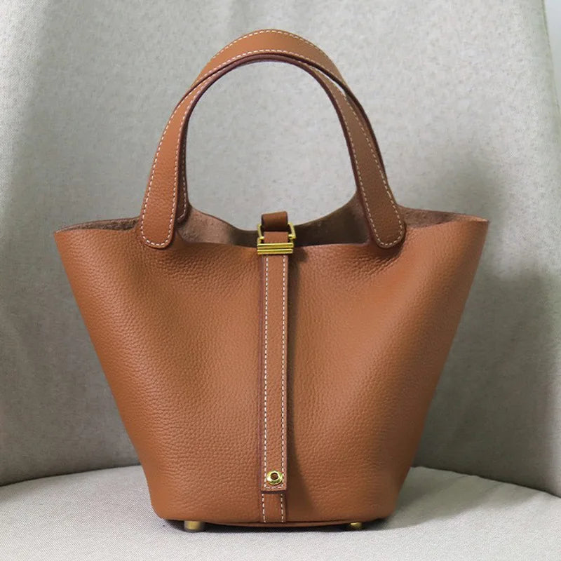 Women's Genuine Cowhide Leather Tote Handbag with Gold-Tone Padlock – 18cm / 22cm