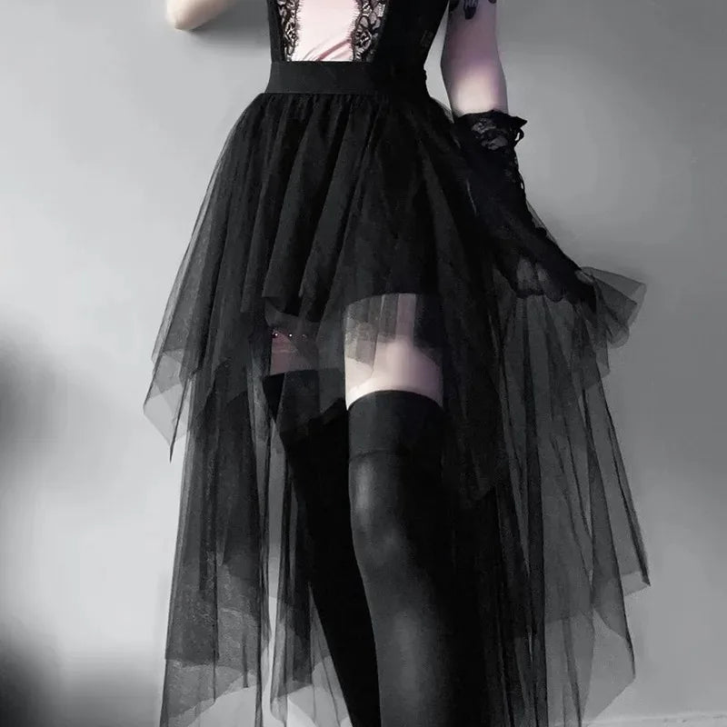 Women's High-Waist Irregular Net Skirt – Gothic Style