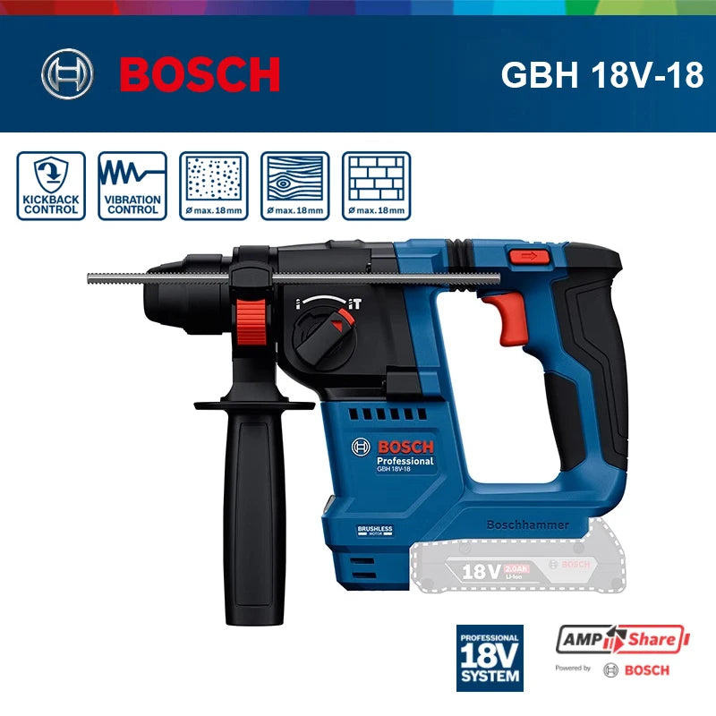 18V Bosch GBH 18V-18 / GBH 18V-18 X Brushless Rotary Hammer SDS-plus ONECHUCK Cordless Lithium-Ion Concrete Steel Wood Drilling