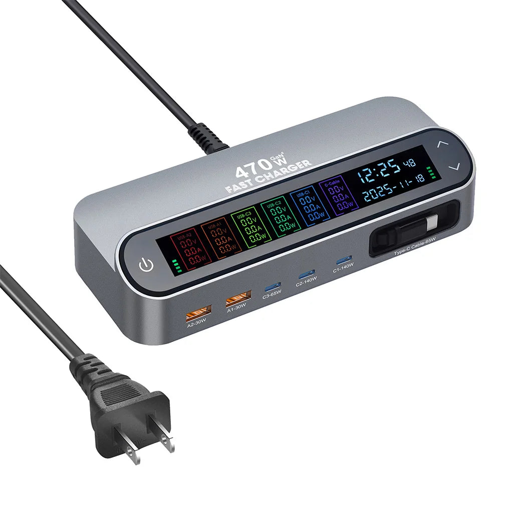 New Multi Port 470W/405W GAN Fast Charger with LCD Display Screen 140W Type C Desktop Charging With 65W Scalable Charging Cable