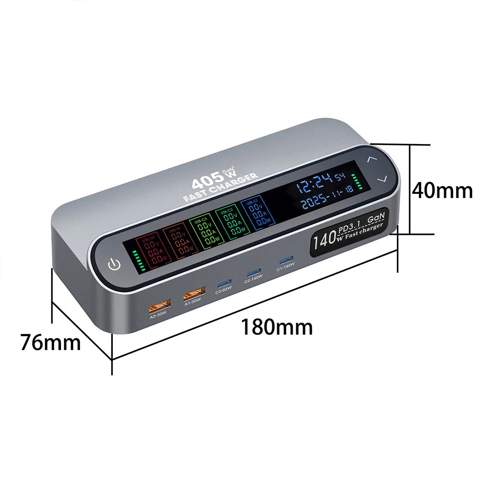 New Multi Port 470W/405W GAN Fast Charger with LCD Display Screen 140W Type C Desktop Charging With 65W Scalable Charging Cable