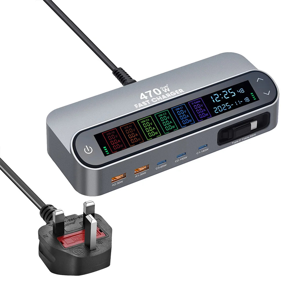 New Multi Port 470W/405W GAN Fast Charger with LCD Display Screen 140W Type C Desktop Charging With 65W Scalable Charging Cable