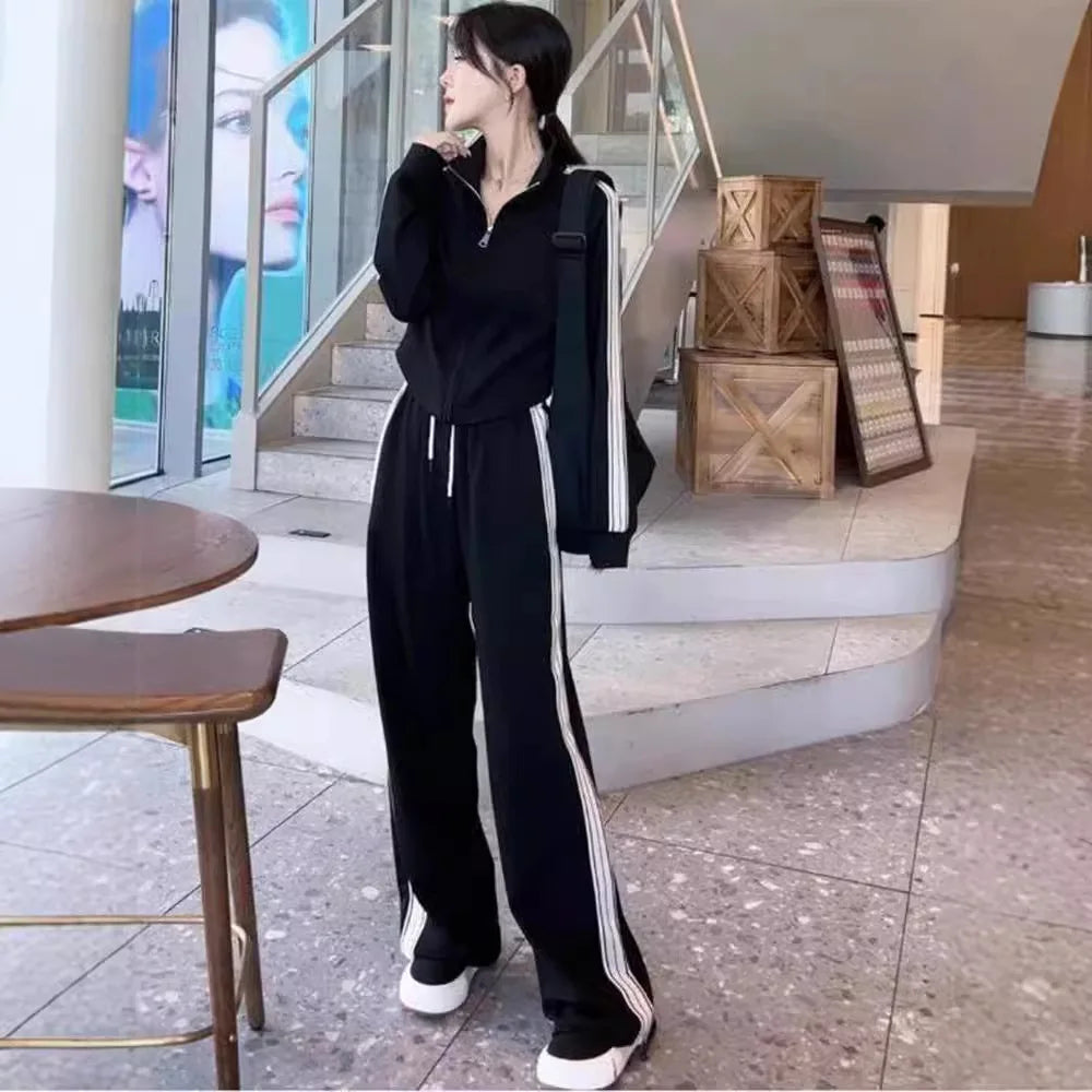 2pcs Autumn winter Women Lady Sets Tracksuit Suit Long-sleeved Cardigan striped crop top Jacket + girls wide leg Trousers pants