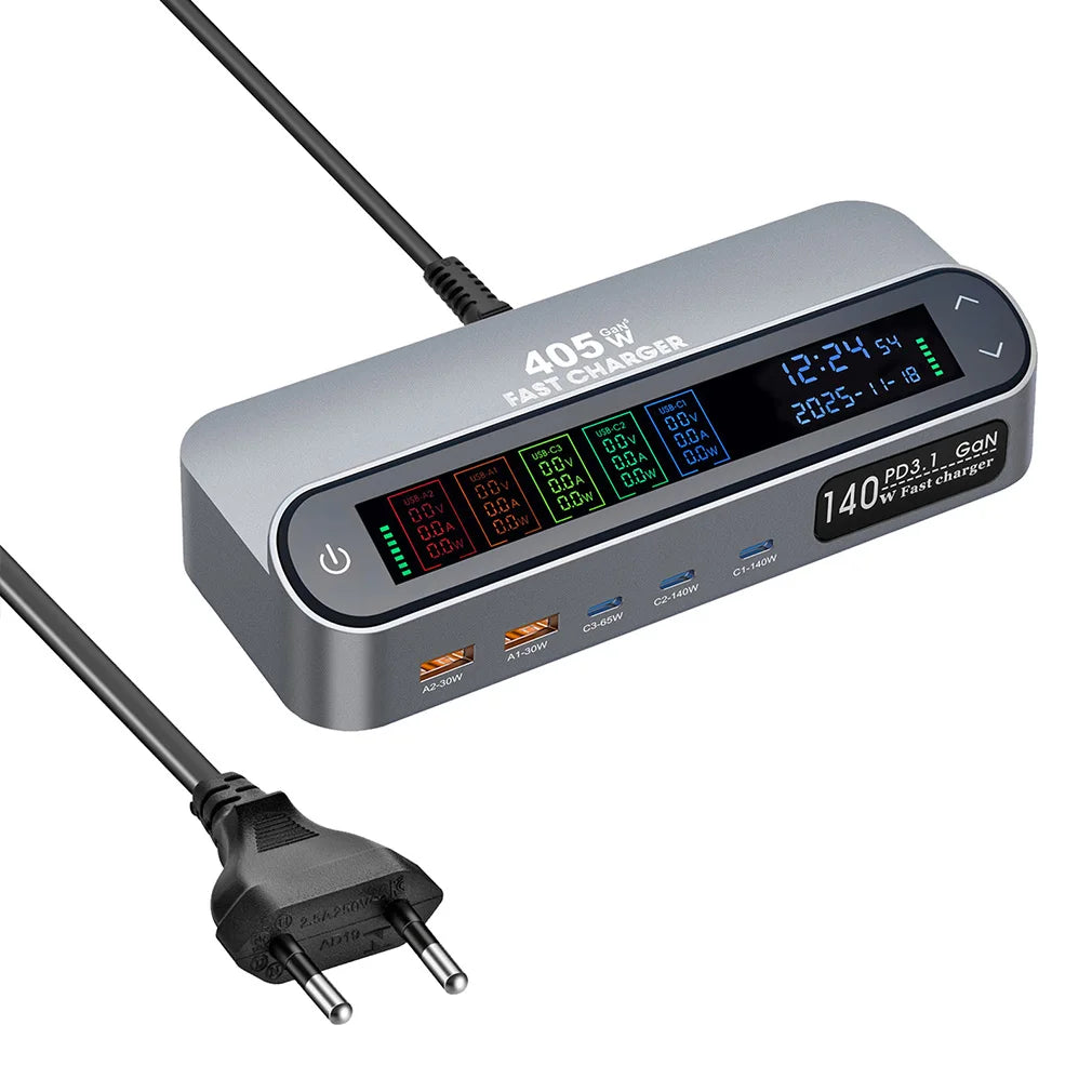 New Multi Port 470W/405W GAN Fast Charger with LCD Display Screen 140W Type C Desktop Charging With 65W Scalable Charging Cable