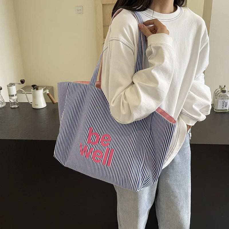Casual Large Stripe Women's Shoulder Bag 2025 New Fashion Commuter Tote Bag High Capaci Canvas Handbag for Youth bolso mujer