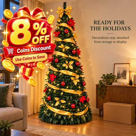 Foldable Retractable Pre‑decorated Christmas Tree with Ornaments Space Saving Storage Xmas Decoration for Indoor Holiday Gift