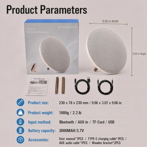Wocdwocd Round Bluetooth Speaker, Dual 66mm Stereo Drivers, 3000mAh Battery - Sasa